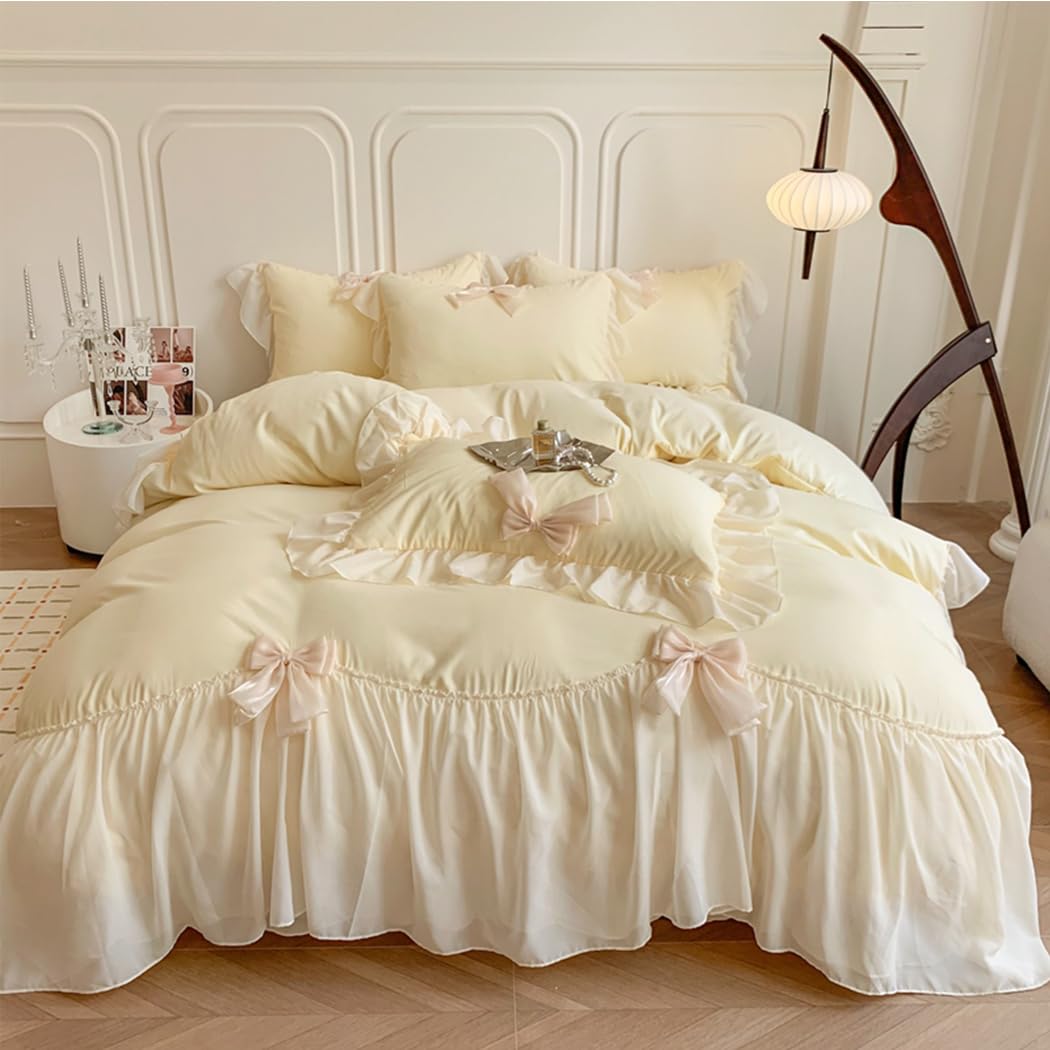 Soukechy Ruffled Bedding Bow Duvet Cover Set With Butterfly Tie, Full Comforter Cover Set, Shabby Chic Bedding Set,Romantic Fren